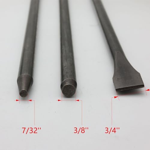 42Cr-Mo Air Hammer Bits 18''(450mm) Long 3-Piece Set, 3/4'' Air Chisel, 3/8'' Point Tip, 7/32'' Point Tip, 0.401" Shank, Air Hammer Attachments, HRC60, Rolled Rust-resistant Oil Treatment,Cold Chisel 18'' Long 3-Piece set