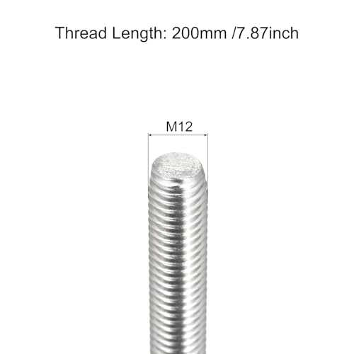 MECCANIXITY Fully Threaded Rod M12 x 200mm 1.75mm Thread Pitch 304 Stainless Steel Right Hand Threaded Rods Bar Studs 6 Pack M12x200mm