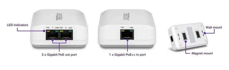 TRENDnet 2-Port Gigabit PoE++ Extender, TPE-BE200, NDAA & TAA Compliant, Extends up to 200m (656 ft), Daisy Chain 4 Units for up to 500m (1640 ft), Supports 15.4W, 30W, and 60W Devices, Black