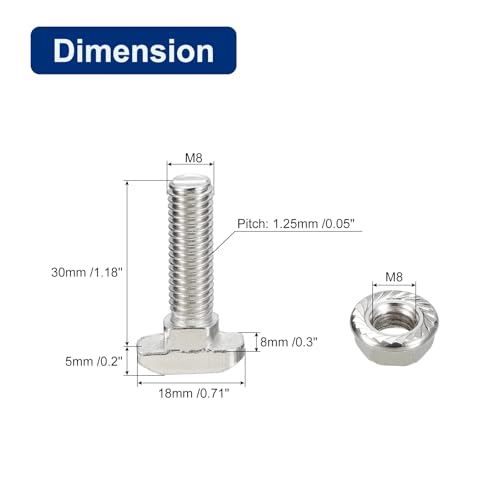 uxcell M8x30mm T Slot Drop-in Bolt and M8 Hexagon Flange Nut Set, 40 Sets Hammer Head T-Bolt T Shape Stud Sliding Screw for 45 Series Aluminum Profile