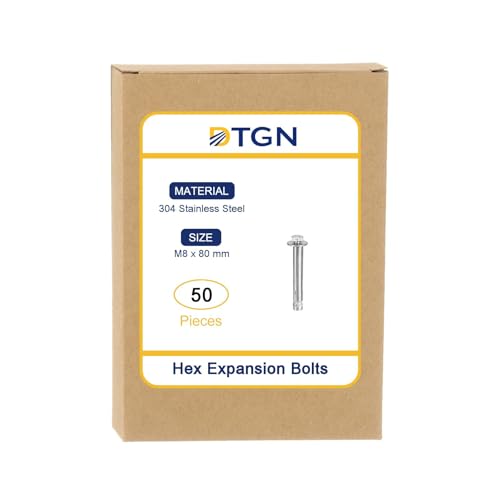 DTGN M8 x 80 Hex Expansion Bolts - 50Pack - Good for Concrete Dry Brick Block Walls - 304 Stainless Steel - Silver 50
