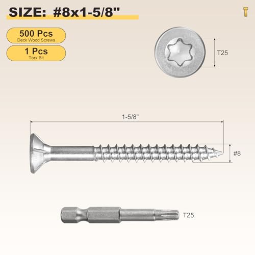 METALLIXITY 500Pcs #8x1-5/8 Deck Screws Kit Wood Screw SS410 Silver #8x1-5/8" 500