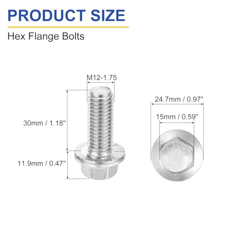 uxcell 25Pcs M12x30mm Hex Serrated Flange Bolts Screws, 304 Stainless Steel 25