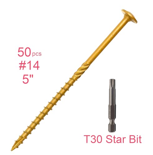 Construction Lag Screws, T30 Decking Screws, #14 x 5 Inches Structural Wood Screws for Timber,Log,Landscaping Wood with 1/4" Shank Torx Bit, Pack of 50 #14 x 5" Bronze