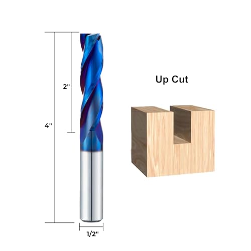 Upcut Spiral Router Bit 1/2 Inch Shank, 1/2 Inch Cutting Diameter, 2 Inch Cutting Length Solid Carbide with NACO Coating CNC Router Bits for Wood Cut, Trimming, Carving 1/2" Dia - 2" CL -1/2" Shank UP CUT