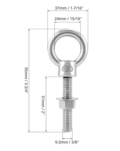 QWORK Threaded Eyebolts, 10 Pack 3/8" x 2" Long 304 Stainless Steel Marine Grade Shoulder Eye Bolt 3/8" x 2" 10 Pack - 304