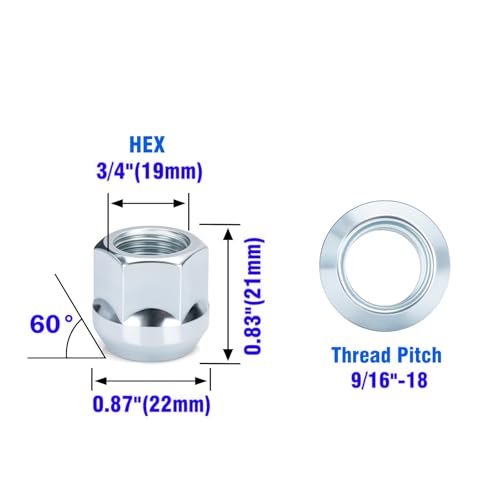 32PCS 9/16-18 Chrome Lug Nuts, Open-End Acorn Bulge Wheel Nuts 3/4" Hex 0.83" Tall for RAM 1500 2500 3500 Dakota Durango Hummer H1 Aftermarket Wheels with 60° Cone Seat