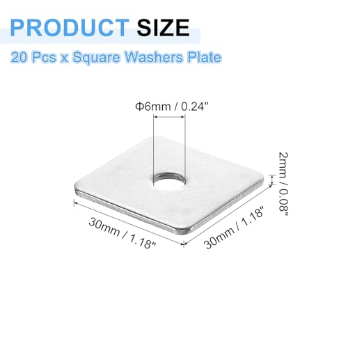 uxcell 20Pcs 1-3/16" Square Plate Washer for 1/4" Bolt, 201 Stainless Steel Bearing Plate Flat Washers Spacer Gasket for Machinery Repair, Outdoor Construction (0.08" Thick) 1-3/16" x 1/4" x 0.08" 20