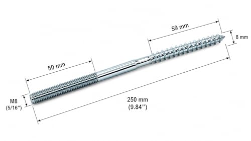 (Pack of 10) Hanger Bolts 5/16" x 9-27/32" (M8 x 250 mm), Double Ended Threaded Screws 5/16" x 9-27/32" (M8 x 250 mm)