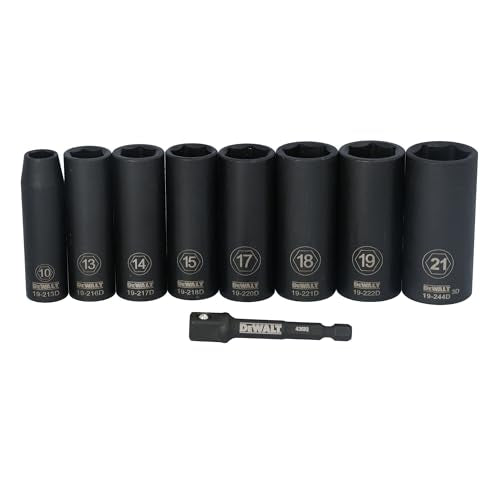 DEWALT 3/8 Impact Socket Set, 9 Pcs Deep Metric Socket Set, 6 point, 10 mm to 21 mm, Includes 1/4 inch Adapter, for Cordless and Corded Impact Drivers and Wrenches (DWAFSMSET9) 9 Pc Metric