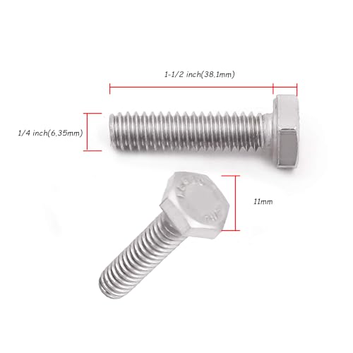 KINJOEK 100 Pieces 1/4-20 x 1-1/2 Inch Stainless Steel Hex Bolts, Hex Head Cap Screw Bolts, 18-8 304 S/S Fully Threaded Hexagon Bolts Fastener