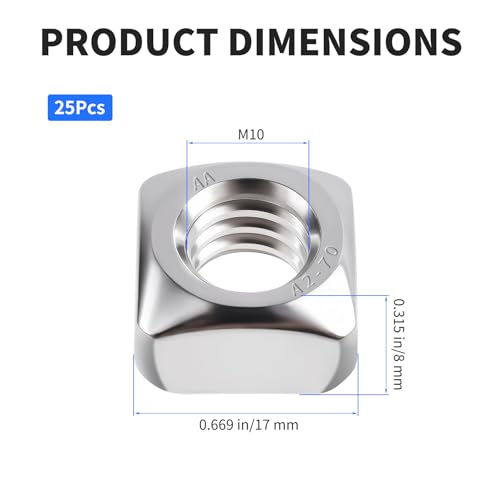 25 Pcs Square Nuts, M10 Thread, 17mm Side x 8mm Thick M10×17×8mm Silver 25 pcs