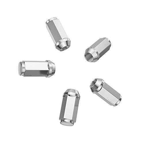 StanceMagic Set of 20 Lug Nuts Metric 14x1.5 Threads, Bulge Conical Cone Taper Acorn Seat Closed End Long Extended, 1.8 inch Length, Uses 21mm or 13/16 inch Hex Socket M14x1.5 Lug Nut, Silver Chrome