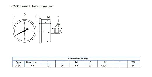 Pressure gauge Glycerine Axial Connection Stainless Steel IP65 63 mm with Back Connection 1/4 Glycerine (0-250 bar) 0-250 bar