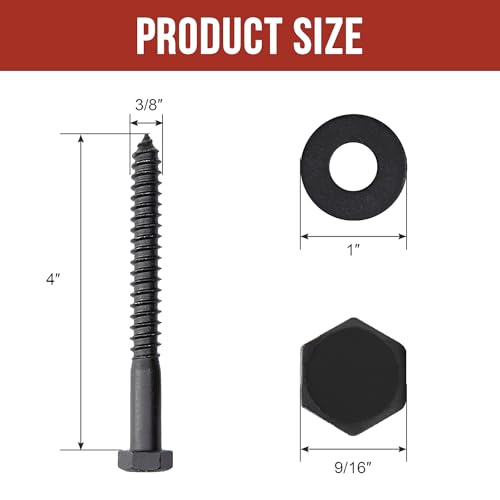 3/8" x 4" Lag Bolts (50 PCS) Black Lag Screws for Wood, Double Anti-Rust Coatings, Heavy Duty Hex Head with Washers 3/8"x4"
