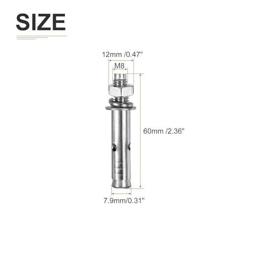 DTGN M8 x 60 Expansion Bolts - 50Pack- Good for Concrete Dry Brick Block Walls - 304 Stainless Steel - Silver 50