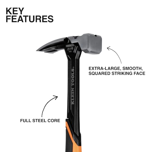 Klein Tools H80922S Smooth Face Framing Hammer with Straight Claw, 22-Ounce Forged Steel, Magnetic Nail Starter, and Extra-Large Squared Strike Face