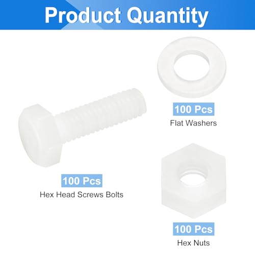 uxcell 300 Pcs/100 Sets Nylon Hex Bolts, M4 x 15mm Plastic Full Threaded Hex Head Screws Bolts and Nuts with Flat Washers for Machinery Electronics Industrial Accessories, White