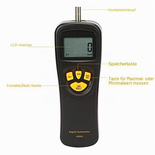 Digital Tachometer, LCD Handheld Contact RPM Meter 0.5-19999 RPM, High Precision Test Counter with Max/Min/LAST Data Backlight Holding Functions