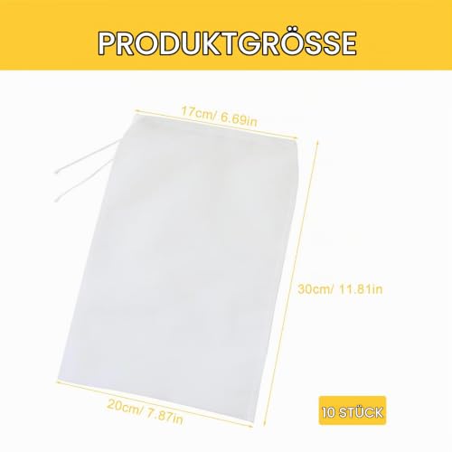 DEANKEJI Press Bag, Pack of 10, Nylon Filter Bag with Drawstring, White, Washable | High-quality nylon, fine mesh net and drawstring, tear-resistant, washable, for juice, soy milk, nut milk, vegetables