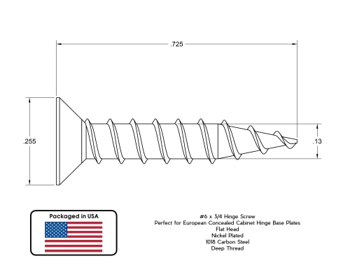 Yellowbird #6 x 3/4" European Concealed Hinge Screw - Flat Head Phillips - Nickel Wood - Bit Included - 1000 Ct. 3/4"