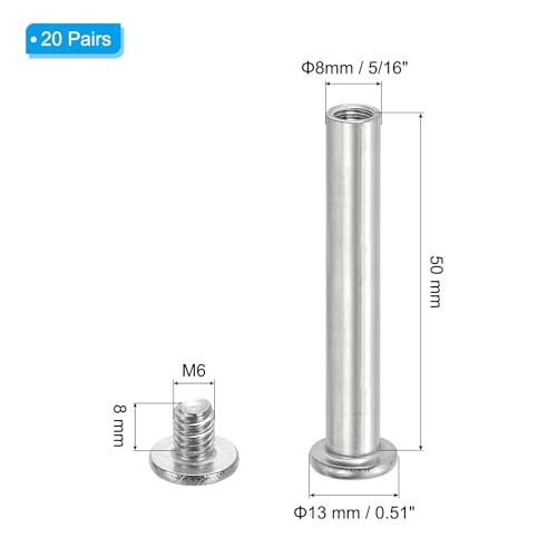 PATIKIL Hex Chicago Screws, 20 Set Binding Screw Posts M6 x 50 mm Connecting Hex Drive Socket Cap Bolt Nuts for Scrapbook Leather Belt Album Photo Furniture Repair, Silver