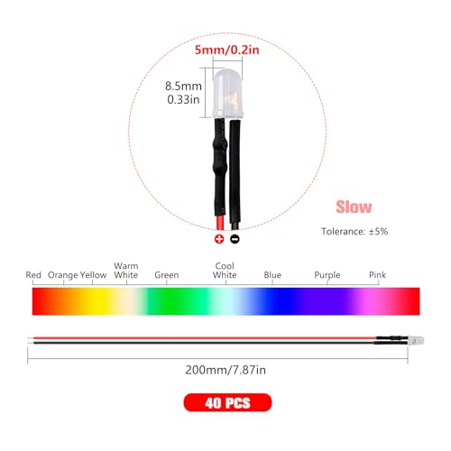 YIXISI 40 Pieces 5 mm RGB 7 Colors Slow Flashing Diodes Light, 12 V 20 cm Pre-Wired LED, Diffuse Emitting Light Emitting Diode, LED Light Emitting Diodes Pre-Wired 5mm - Slow Flashing - Pre-Wired