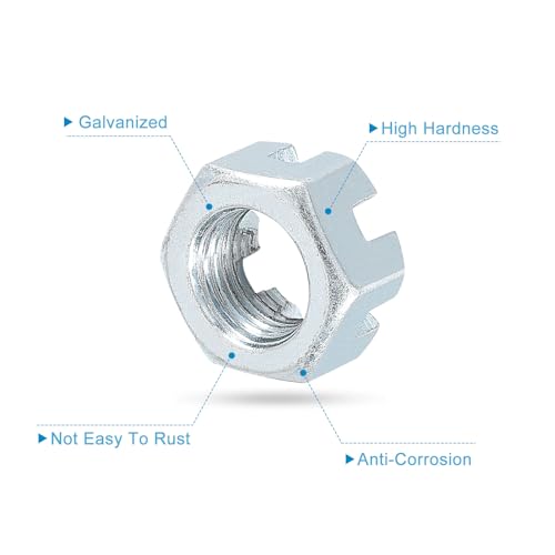 uxcell 9/16-18 UNF Hexagon Slotted Nut, Grade 6.8 Zinc-Plated Carbon Steel Hex Nuts Good for Machinery Repairing, Silver, 8Pcs 8
