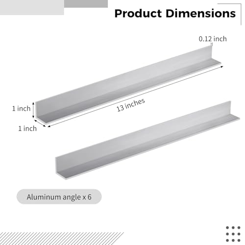 6 PCS 13-Inch Aluminum Angle 1x1 Inch, 1/8" Thick Structural Stock - 6061 Alloy Angle Iron for Framing, Shelving & DIY Projects, Heavy-Duty Metal Brackets 6PCS 1x1x1/8-inch