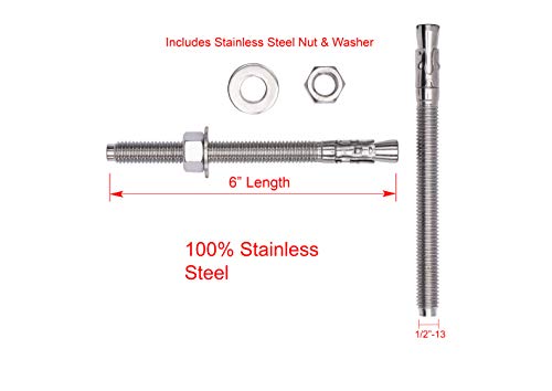 Bolt Dropper 1/2" X 6" Wedge Anchor (5pc), 18-8 Stainless Steel Corrosion Resistant Commercial Grade Washers and Nuts Included Choose Size 1/2" x 6"