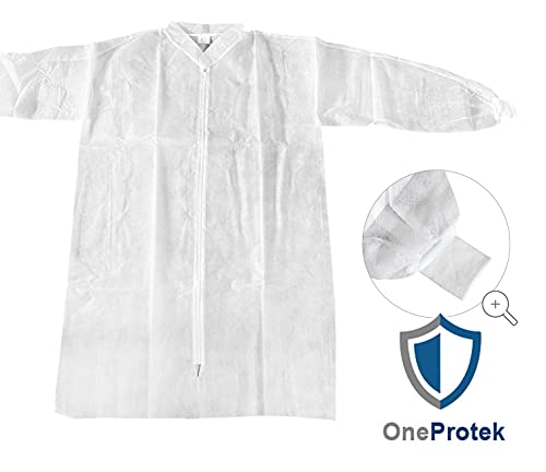 10 White Disposable OneProtek Protective Gowns - Zip and Long Sleeve Disposable Gown - One Size (105 cm) 1
