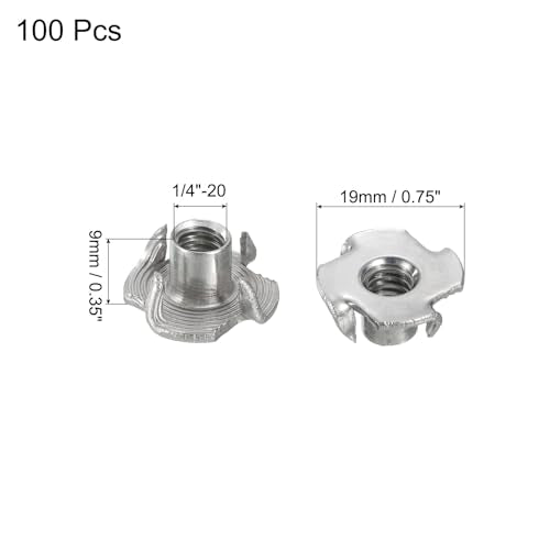 uxcell 1/4"-20 T-nut 100pcs 304 Stainless Steel 4 Pronged Tee Nuts for Furniture Woodwork Cabinetry Threaded Insertion