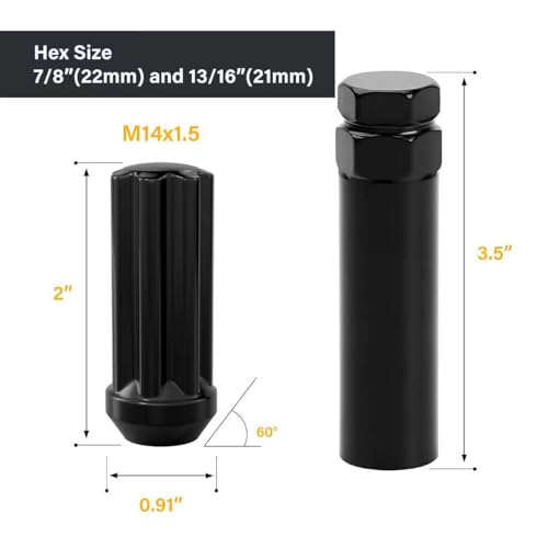 24pcs M14x1.5 Black Lug Nuts - Closed End Bulge Cone Seat Spline Wheel Locks with Socket Key - Compatible with 8-Lug Aftermarket Rims for Chevy Silverado 1500, GMC Sierra & Suburban 24+1