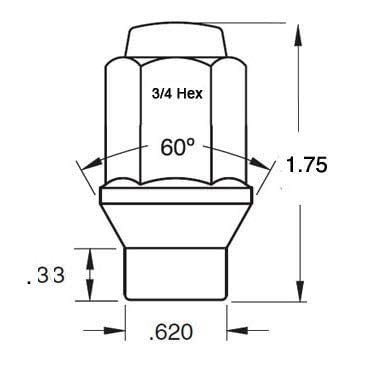 20 ET Conical Bulge Long Lug Nuts 1/2"-20 with Center Washers 0.33" Shank 0.62" Dia 1.75" Length 1/2" Chrome 20