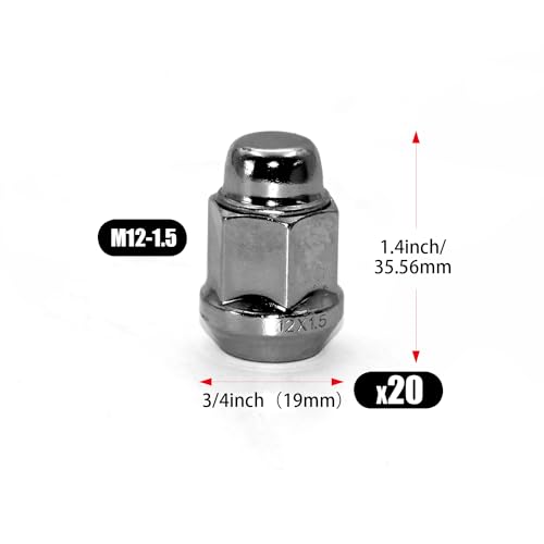 20pcs Chrome M12x1.5 Closed End Bulge Acorn Lug Nuts, 1.4 inch Length Cone Seat 19mm Hex