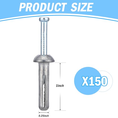 Shimeyao 150 Pcs 1/4" x 1" Hammer Anchors Galvanized Concrete Masonry 1/4" x 1"