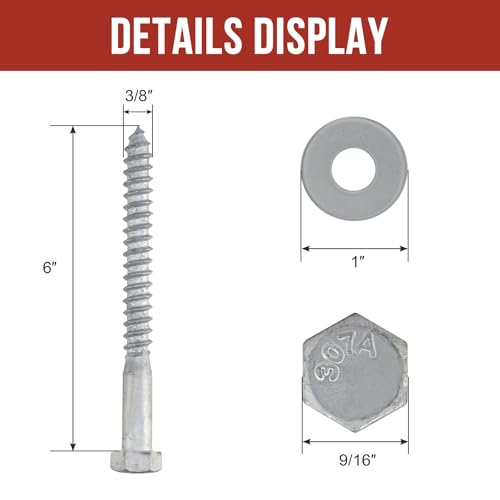 3/8" x 6" Lag Bolts (50 PCS) Lag Screws for Wood, Hot Dip Galvanized, Heavy Duty Hex Head with Washers 3/8" x 6"