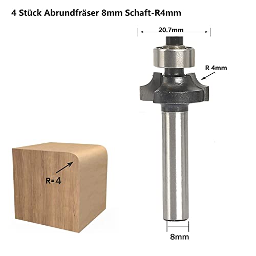Rounding Cutter Set of 4 HW for Routers, Shaft 8 mm, R 3-4-5-8 mm | HW cutting and ball bearings for clean rounding. Ideal for solid wood, MDF, plywood and multiplex. 4-Piece Set