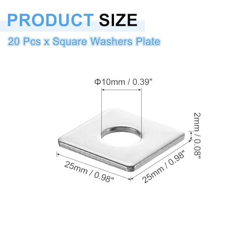 uxcell 20Pcs 1" Square Plate Washer for 3/8" Bolt, 304 Stainless Steel Bearing Plate Flat Washers Spacer Gasket for Machinery Repair, Outdoor Construction (0.08" Thick)