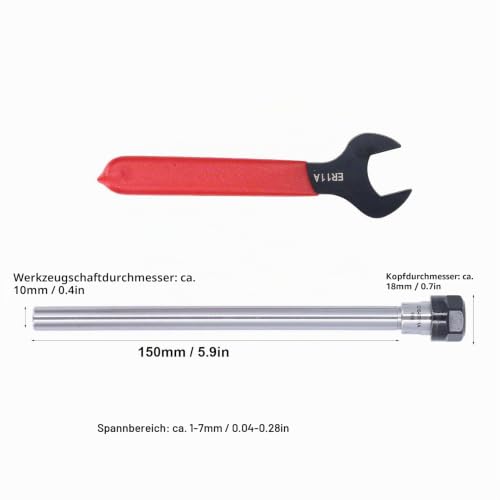 Milling Cutter Extension, C10‑ER11A‑150L 150 mm Collet Extension, ER11 Collet Chuck with Key, Clamping Range 1-7 mm C10-er11a-150l