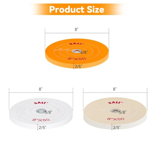 SALI 3 Pack Polishing Wheel for Bench Grinder Buffing Wheel 8 inch Yellow-Coarse White-Medium White -Fine (50 Ply) for 5/8'' Arbor Buffer Polisher Polish Pad Multi