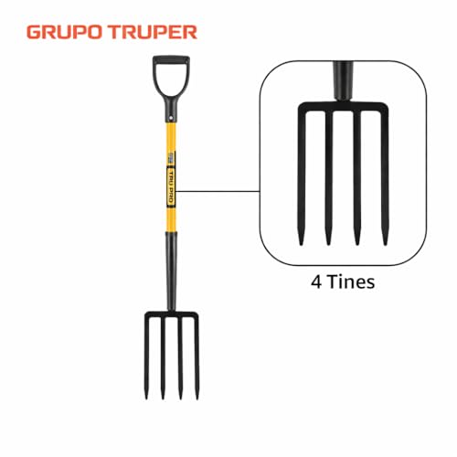 Truper Tru Pro 4-Tine Spading Fork, 30-Inch Heavy-Duty Fiberglass Handle with D-Grip, Professional Forged Steel Digging and Aerating Tool (Model BJ-4F / 30299) Tru Pro - Spading Fork 4-Tine