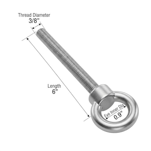 QWORK 3/8"x6" Stainless Steel Shoulder Eye Bolts – 10 Pack Machine Thread Set with Nuts for Metal Frame, Rigging & Cable Mounting 3/8" x 6"