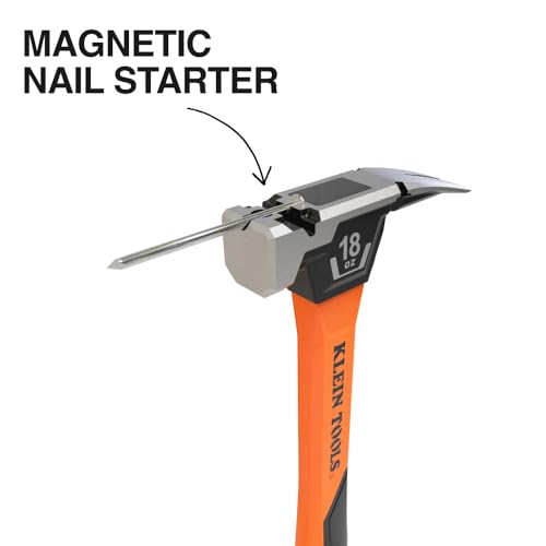 Klein Tools H80918 Smooth Face Fiberglass Hammer with Straight Claw, 18-Ounce Forged Steel, Magnetic Nail Starter, and Extra-Large Squared Strike Face