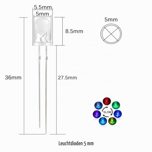 Pack of 100 5 mm RGB LED Diodes 3.0-3.4 V, 20 mA Slow Flashing LEDs, Multicolored Dynamic 5 mm LEDs for DIY, Lighting Project, Handmade