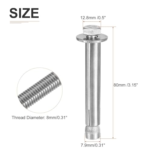 DTGN M8 x 80 Hex Expansion Bolts - 30Pack - Good for Concrete Dry Brick Block Walls - 304 Stainless Steel - Silver 30