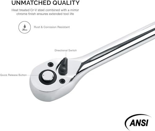 Neiko 03034A 3/8” Drive Extra Long Ratchet | 18” Length | 72 Tooth Gear | Cr-Mo Head | CR-V Steel 3/8" Drive 18" Length