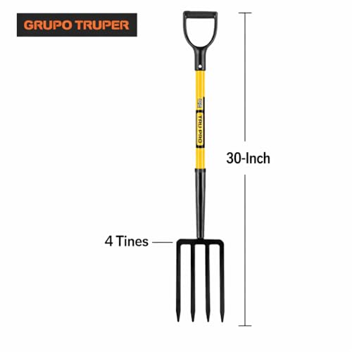 Truper Tru Pro 4-Tine Spading Fork, 30-Inch Heavy-Duty Fiberglass Handle with D-Grip, Professional Forged Steel Digging and Aerating Tool (Model BJ-4F / 30299) Tru Pro - Spading Fork 4-Tine