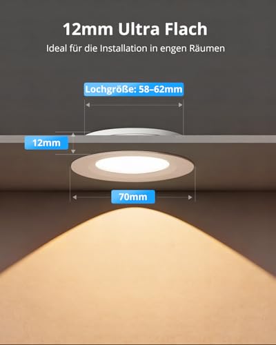 Gr4tec 3W LED Recessed Spotlight, 12V, Motorhome, Aluminum, Dimmable, IP44, Silver, Set of 6 | 12V Recessed Spotlights 3000K Warm White 240LM, Furniture Recessed Light LED Ultra Flat 12mm, Cutout 58-62mm, for Cabinet Caravan Boat