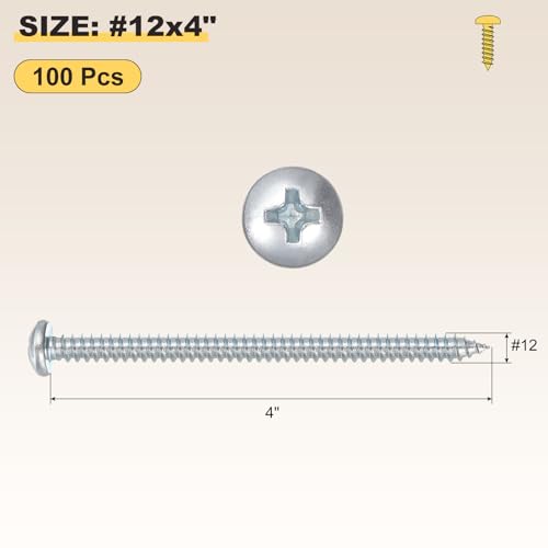 METALLIXITY Phillips Pan Head Self Tapping Screw #12x4 100Pcs #12x4" Silver 100